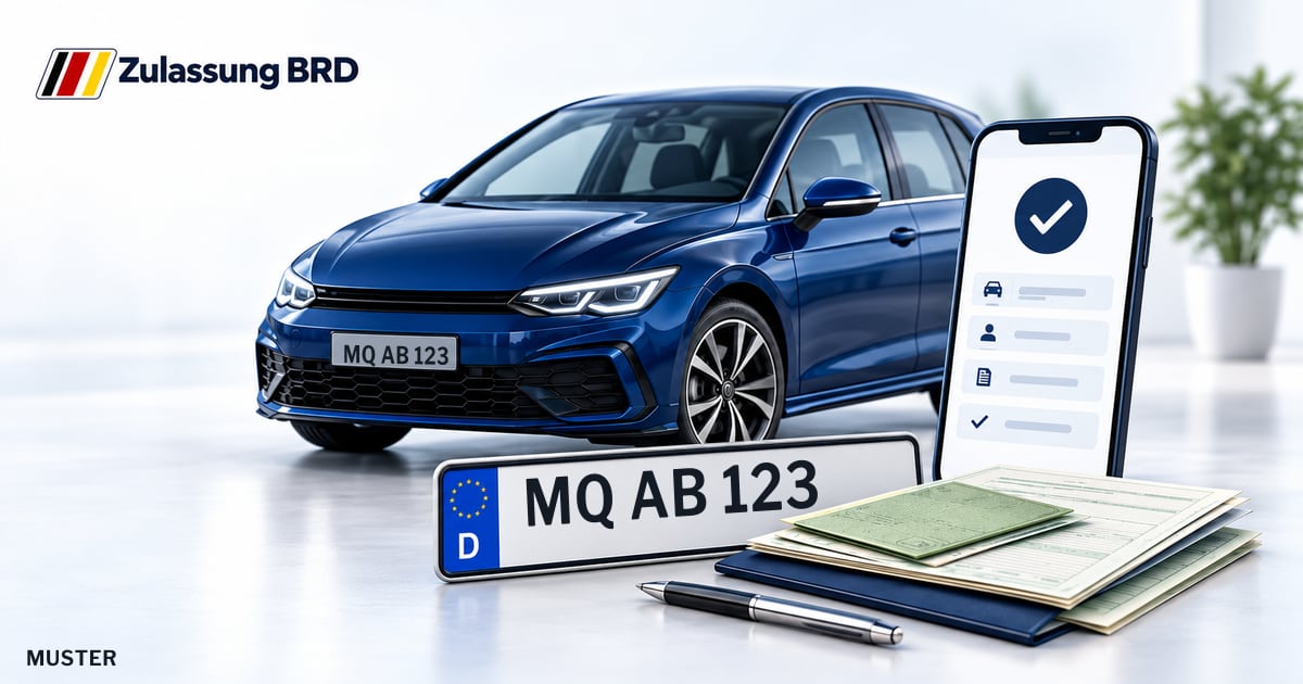 Online Fahrzeugzulassung in Leuna: Musterkennzeichen MQ AB 123, Auto und Fahrzeugpapiere und Smartphone. Illustration mit Logo von Zulassung BRD.